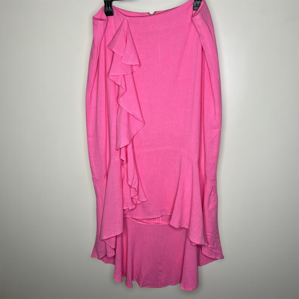 Maree Pour Toi Linen Pencil Skirt 16 Pink Flounce Ruffle High Low Chic Feminine